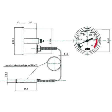 Capillary thermometer for wood-fired, bread and pizza ovens and outdoor barbecues