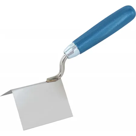 Stainless steel external corner trowel with straight neck and blue wooden handle