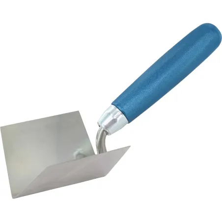 Stainless steel internal corner trowel with straight neck and blue wooden handle