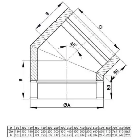 Insulated twin-wall - Diagram of 45 ° bend