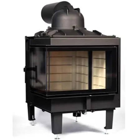 Large cast iron corner firebox for masonry heater.