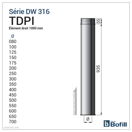 Diagram of 1000 mm straight length - DPI 316L stainless steel