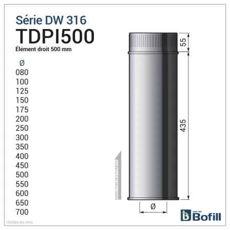 Diagram of 500 mm straight length - DPI 316L stainless steel