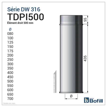 Schéma élément droit 500 mm - DPI Inox 316L