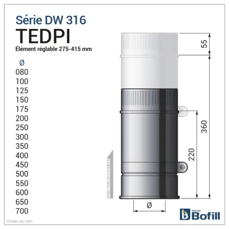 Esquema tramo regulable corto 275 - 415 mm - DPI Inox 316L