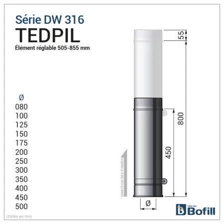Esquema tramo regulable largo 505 - 855 mm - DPI Inox 316L