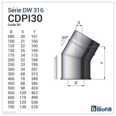 Diagram of 30° elbow - DPI 316L stainless steel