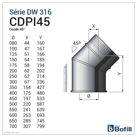Diagram of 45° elbow - DPI 316L stainless steel