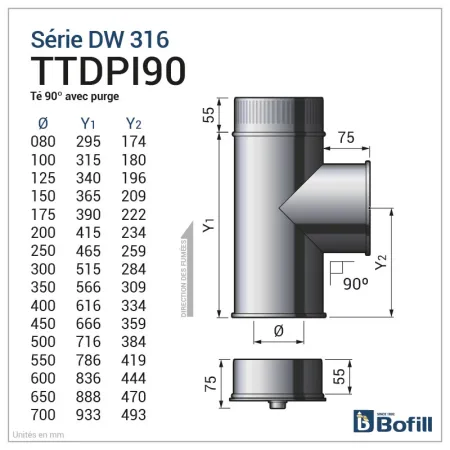 Diagram of 90° female tee with drain cap - DPI 316L stainless steel