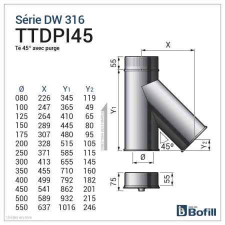 Esquema Te 45° Hembra con tapón de purga - DPI Inox 316L