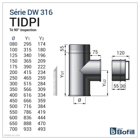 Diagram of straight length with 90° inspection - DPI 316L stainless steel