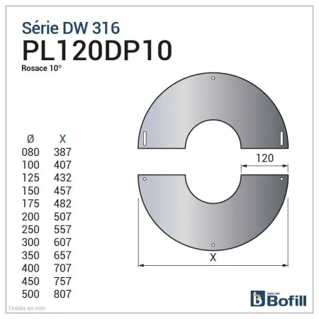 Diagram of 2-part stainless steel rosette for 1 to 10° ceiling slope - For DPI