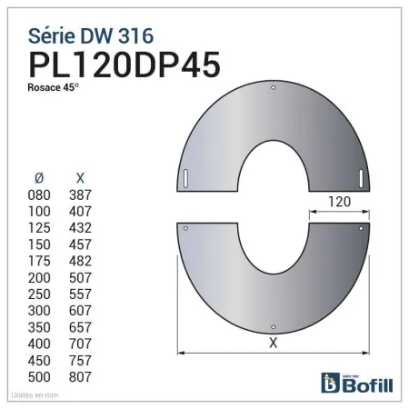 Diagram of 2-part stainless steel rosette 31 to 45° - For DPI