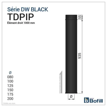 Diagram of 1000 mm straight length - DPI 316L stainless steel Black