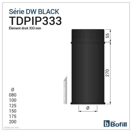 Diagram of 333 mm straight length - DPI 316L stainless steel Black