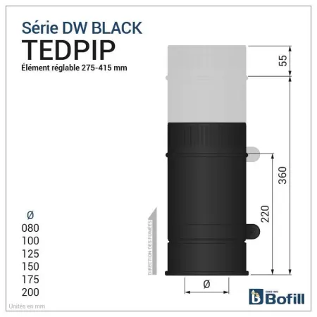 Diagram of short adjustable length 275 - 415 mm - DPI 316L stainless steel Black