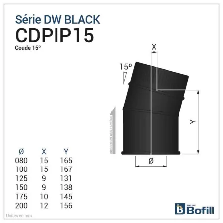Diagram of 15° elbow - DPI 316L stainless steel Black