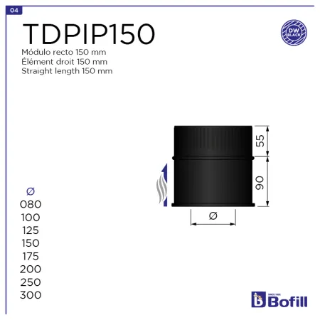 Diagram of 150 mm straight length - DPI 316L stainless steel black