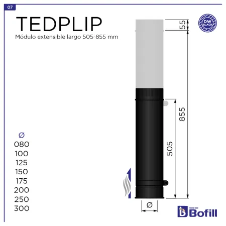 Esquema tramo regulable largo 505 - 855 mm - DPI Inox 316L Negro
