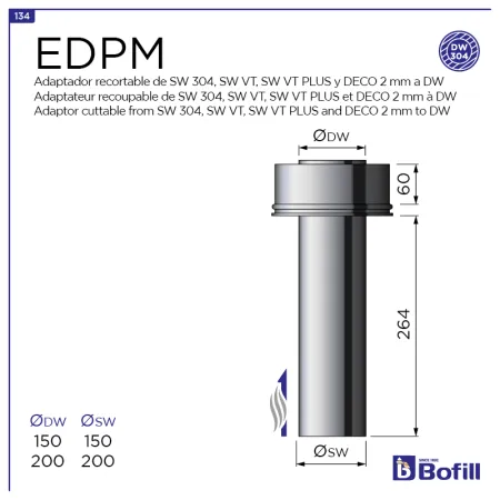 Diagram of cut-to-length single to twin-wall insulated adapter - DPI 316L stainless steel