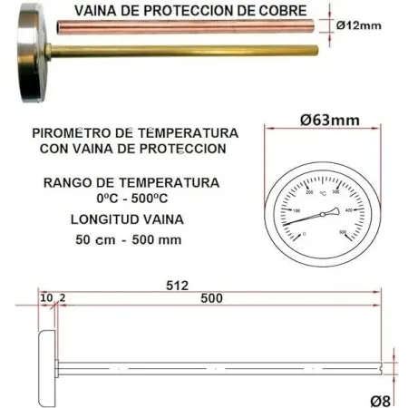 Esquema Termómetro de varilla 500 mm - 0 a 500°