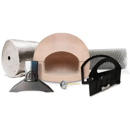 Overview of the 8 cm clay core kit components for wood-fired oven