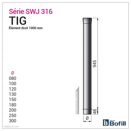 Diagram of 1000 mm straight length - Stainless steel 0.4 mm