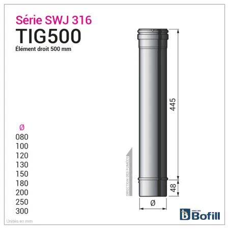 Diagram of 500 mm straight length - Stainless steel 0.4 mm