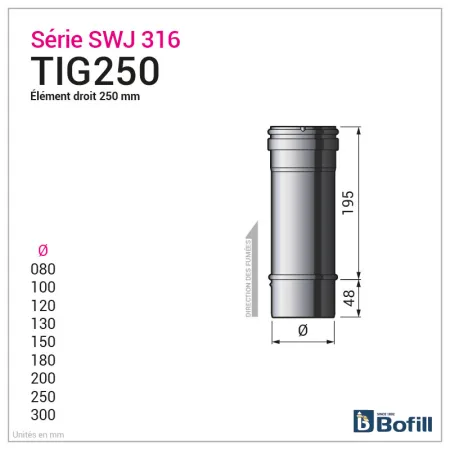 Diagram of 250 mm straight length - Stainless steel 0.4 mm