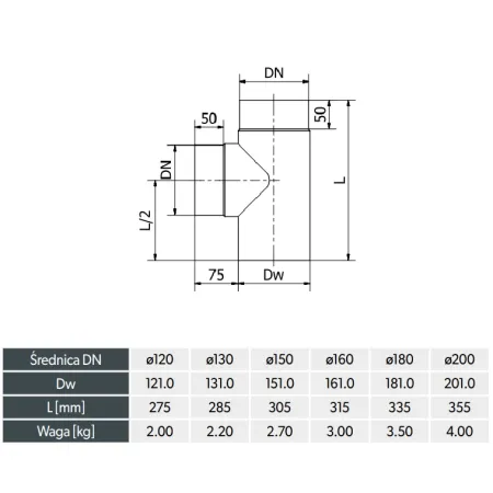 Diagram of 90° tee with male branch - Painted steel flue 2 mm