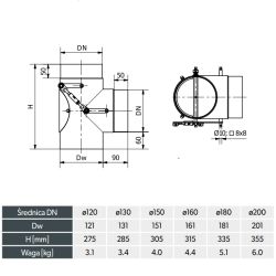 Schéma Té 90° à double clapet (Bypass) - Conduit acier peint 2 mm