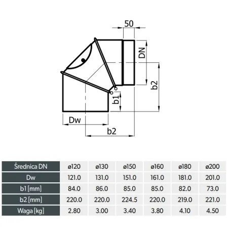 Esquema Codo regulable 0 a 90° con registro de inspección - Conducto de humos acero pintado 2 mm