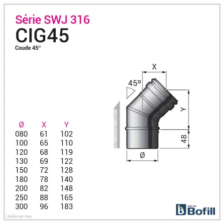Diagram of 45° elbow - Stainless steel flue 0.4 mm