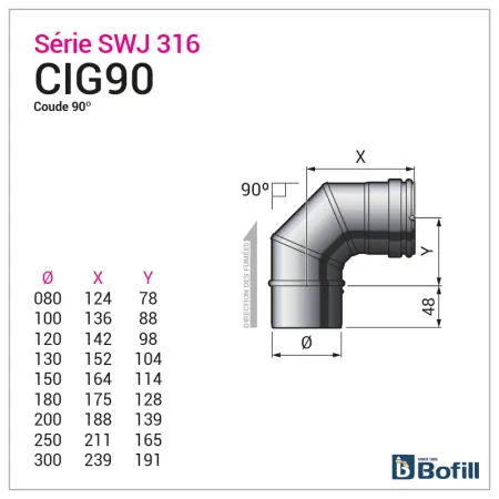 Diagram of 90° elbow - Stainless steel flue 0.4 mm