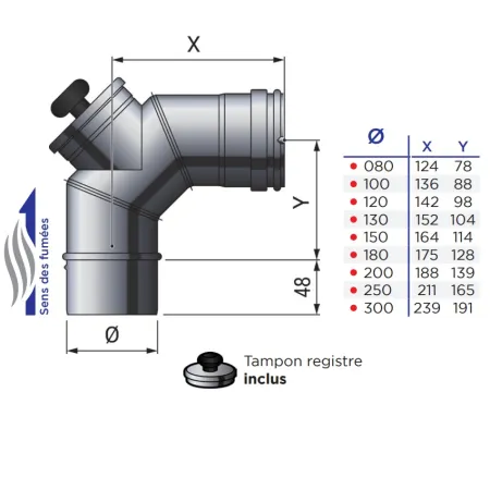 Diagram of 90° elbow with inspection hatch - Stainless steel flue 0.4 mm