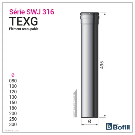 Diagram of 495 mm straight length adjustable from 60 to 435 mm - Stainless steel flue 0.4 mm
