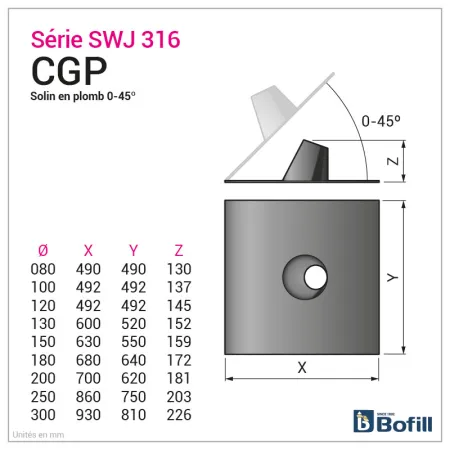 Diagram of lead flashing for 0 to 45° roof - Stainless steel flue 0.4 mm