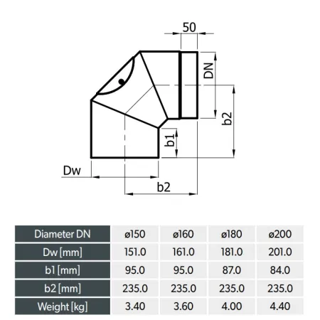 Esquema Codo fijo 90° con registro de inspección - Conducto de humos inox 2 mm