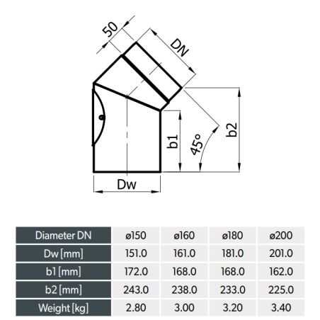 Schéma Coude fixe 45° avec regard - Conduit inox 2 mm