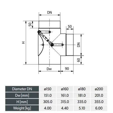Diagram of 90° tee with double damper (bypass) - Stainless steel flue 2 mm