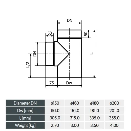 Diagram of 90° tee with inspection hatch - Stainless steel flue 2 mm