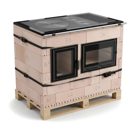 Cuisinière de masse en kit avec four blanc : cœur réfractaire monté à sec sur palette, plaque de cuisson fonte, portes Pisla