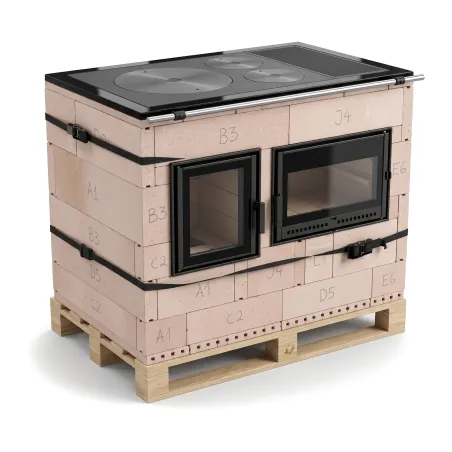 Cuisinière de masse en kit avec four blanc : cœur réfractaire monté à sec sur palette, plaque de cuisson fonte, portes Pisla